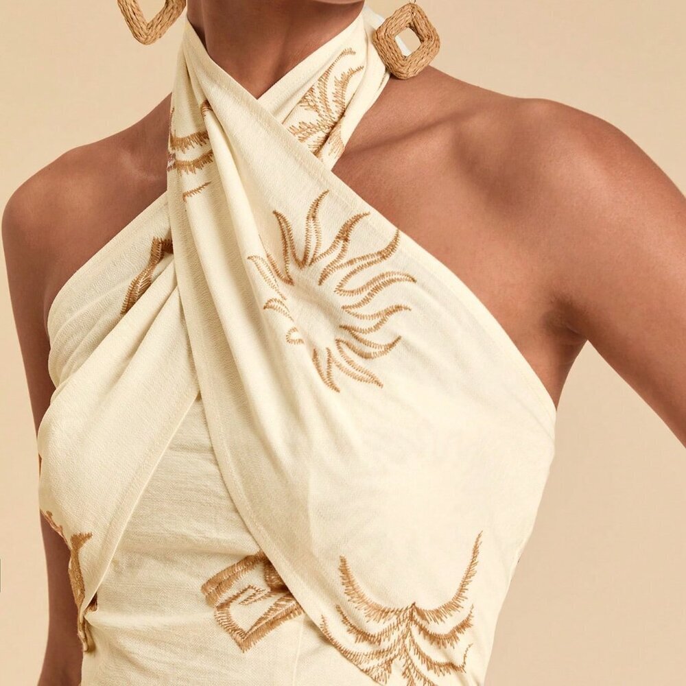 White Elegant Women's Sleeveless Backless Halter Top with Embroidery Party